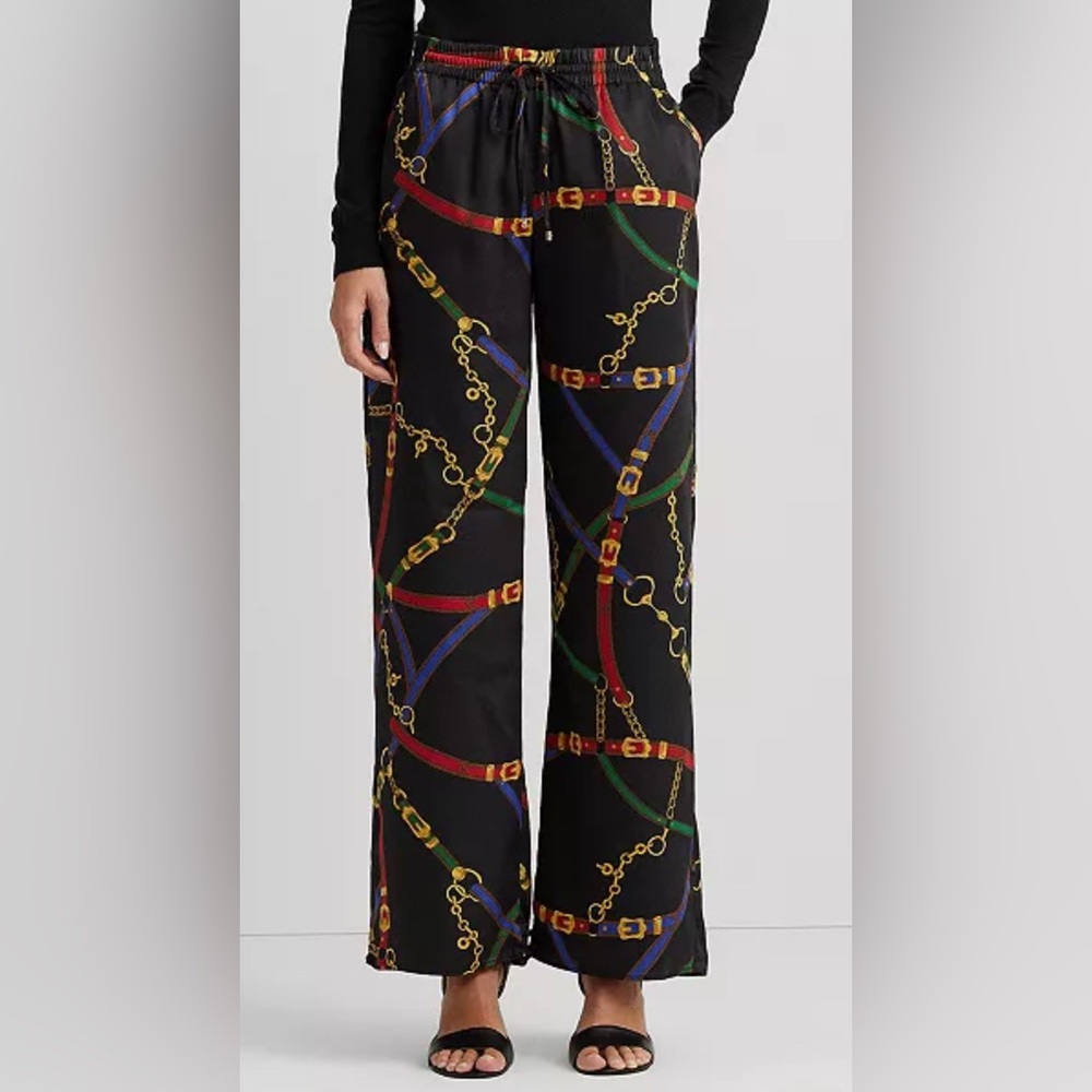 Lauren Ralph Lauren Black Wide-Leg Pants with Multicolor Chain Print